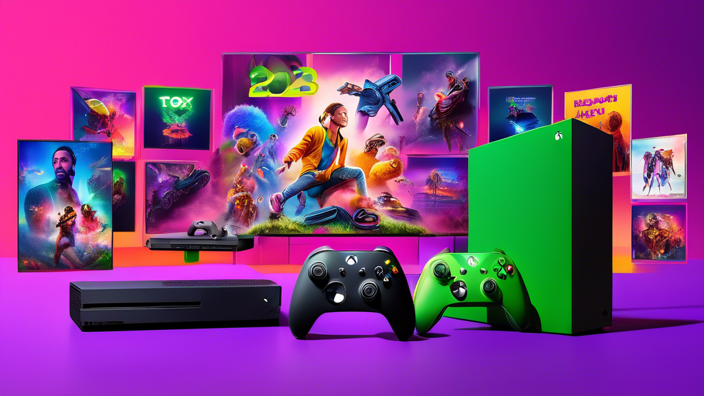 A vibrant 2023-themed image featuring an Xbox console with the latest model on a sleek entertainment setup. Surround the console with exciting elements lik