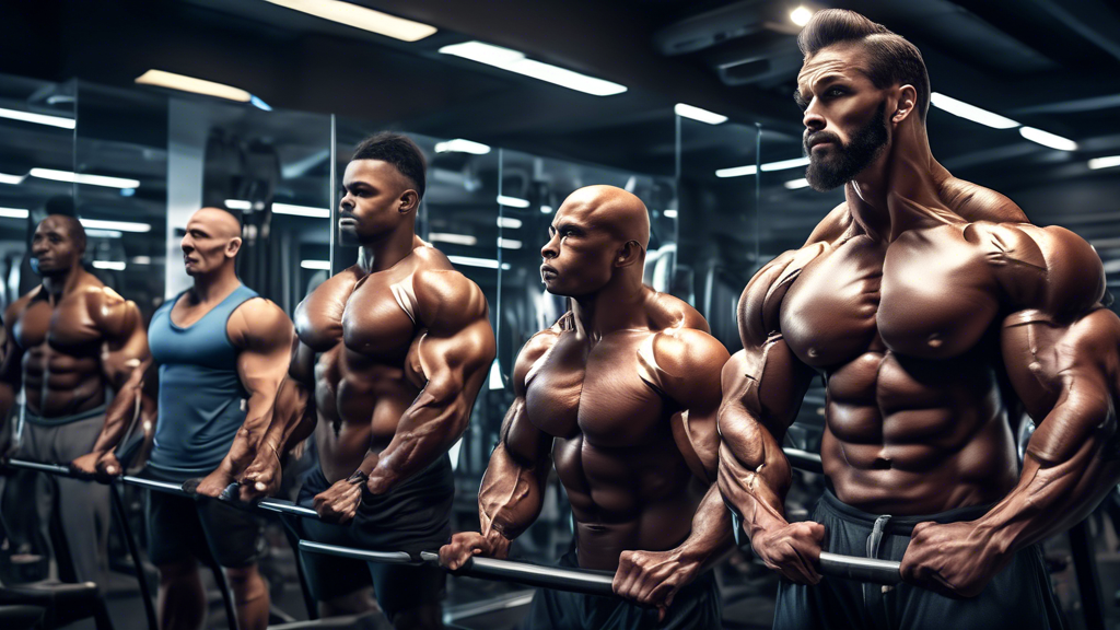 A group of diverse bodybuilders working out in a high-tech gym, showcasing perfect form and advanced techniques on different equipment, with a trainer prov