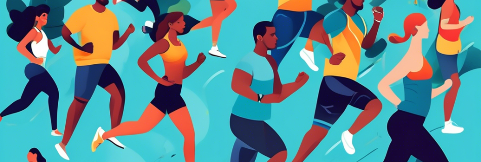 A vibrant illustration of a diverse group of people engaged in various physical activities like jogging, cycling, and yoga, all wearing modern fitness trac