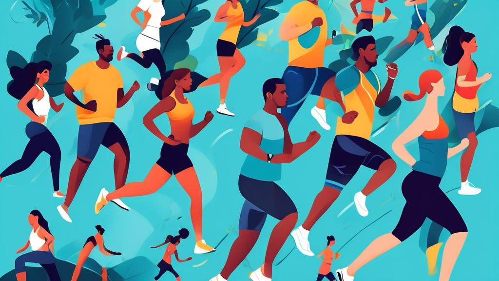 A vibrant illustration of a diverse group of people engaged in various physical activities like jogging, cycling, and yoga, all wearing modern fitness trac