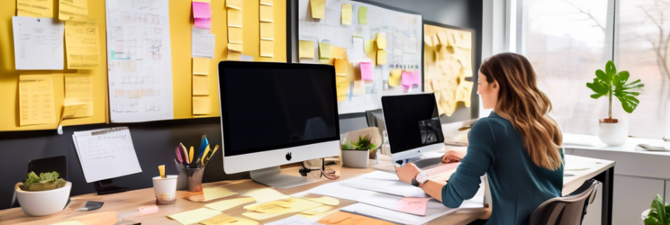 A bright, modern workspace with a vision board displaying various goals and milestones; a group of motivated individuals engaged in a brainstorming session