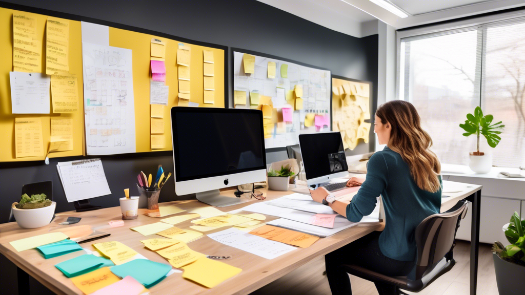 A bright, modern workspace with a vision board displaying various goals and milestones; a group of motivated individuals engaged in a brainstorming session