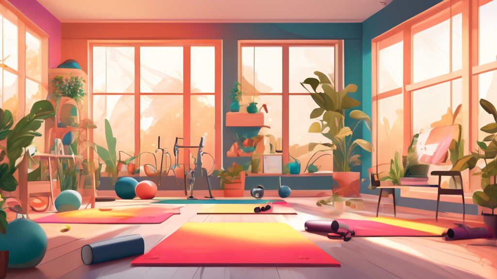 Illustration of a colorful, well-organized home gym featuring a variety of workout activities suitable for all fitness levels. The scene includes people do