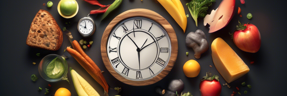 Create an image illustrating the concept of intermittent fasting, showcasing various healthy foods and a clock to represent the eating windows. Include vis