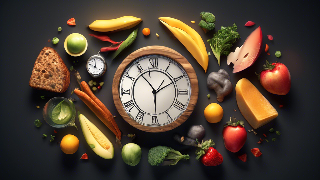 Create an image illustrating the concept of intermittent fasting, showcasing various healthy foods and a clock to represent the eating windows. Include vis