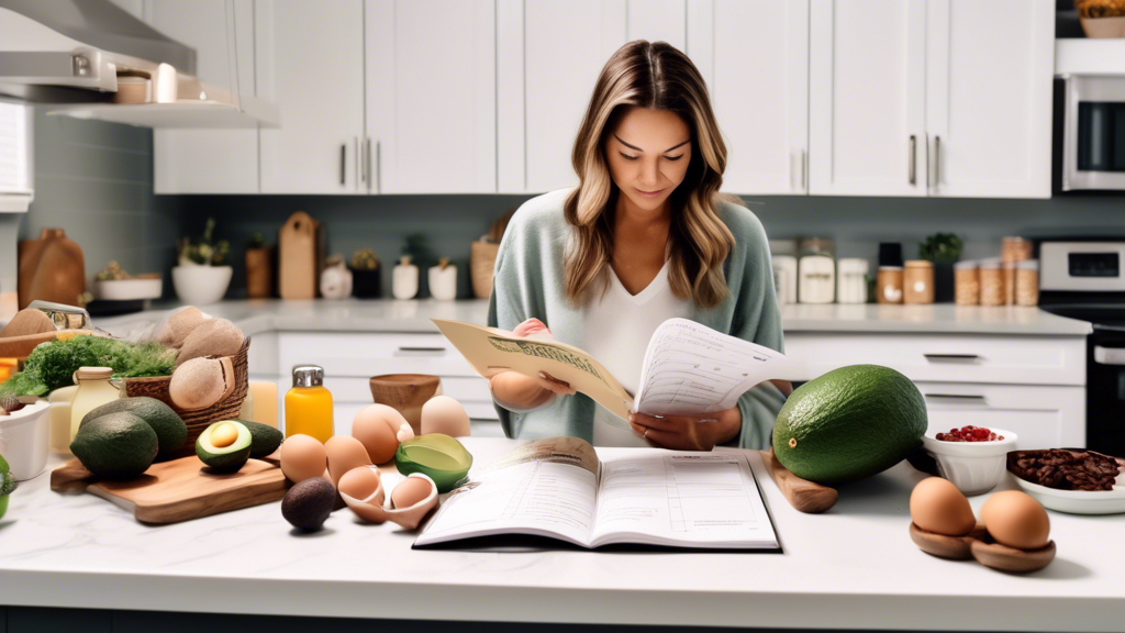 A visually engaging scene featuring a clean and modern kitchen with a variety of keto-friendly foods prominently displayed on a countertop. Include items s