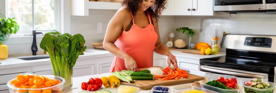 A vibrant kitchen scene with a cheerful adult preparing a variety of colorful, healthy ingredients. The counter is filled with fresh vegetables, fruits, le