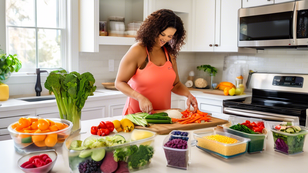 A vibrant kitchen scene with a cheerful adult preparing a variety of colorful, healthy ingredients. The counter is filled with fresh vegetables, fruits, le