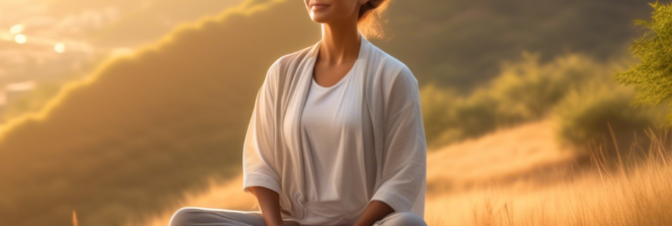 A serene individual sitting cross-legged on a hilltop during sunrise, engaged in peaceful meditation with a tranquil smile. Soft sunlight illuminates their