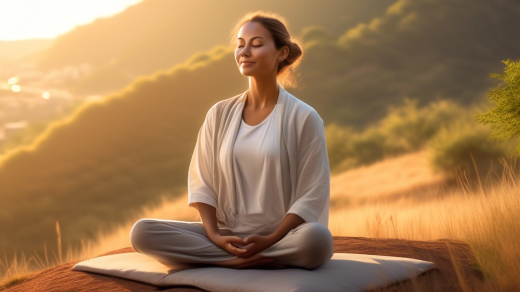 A serene individual sitting cross-legged on a hilltop during sunrise, engaged in peaceful meditation with a tranquil smile. Soft sunlight illuminates their