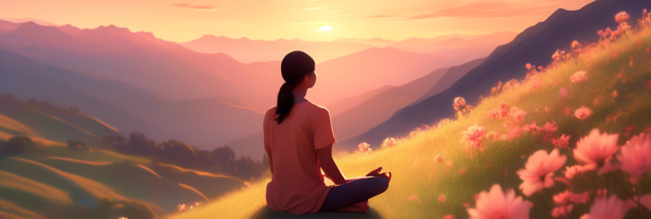 A serene scene of a person sitting cross-legged on a grassy hilltop during a sunset, with a soft glow enveloping them. Their eyes are closed and they are i