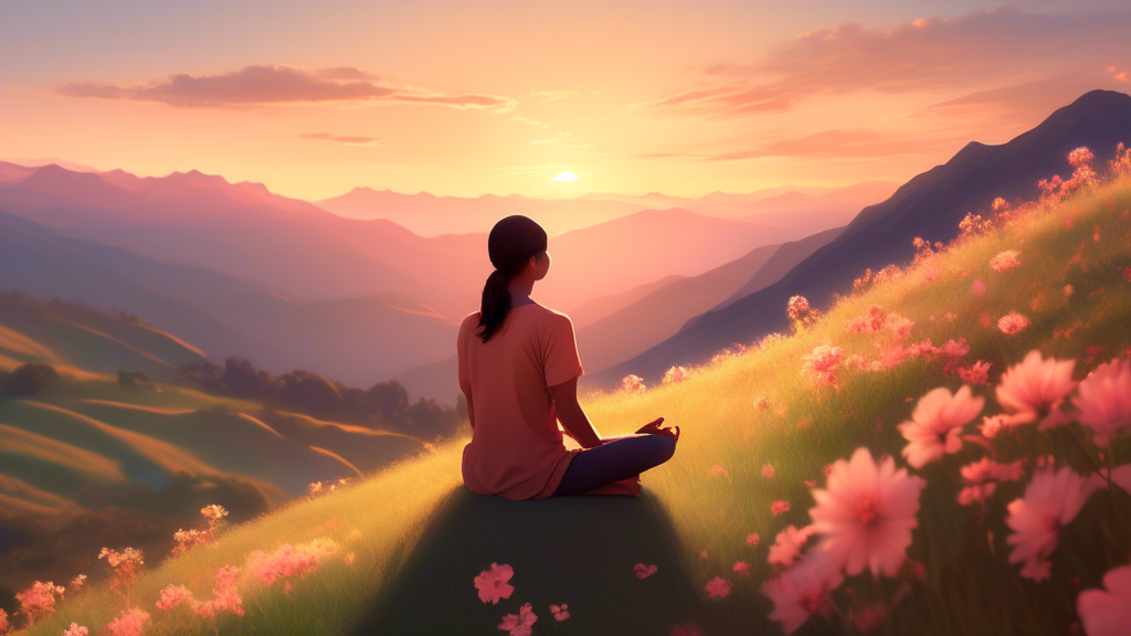 A serene scene of a person sitting cross-legged on a grassy hilltop during a sunset, with a soft glow enveloping them. Their eyes are closed and they are i