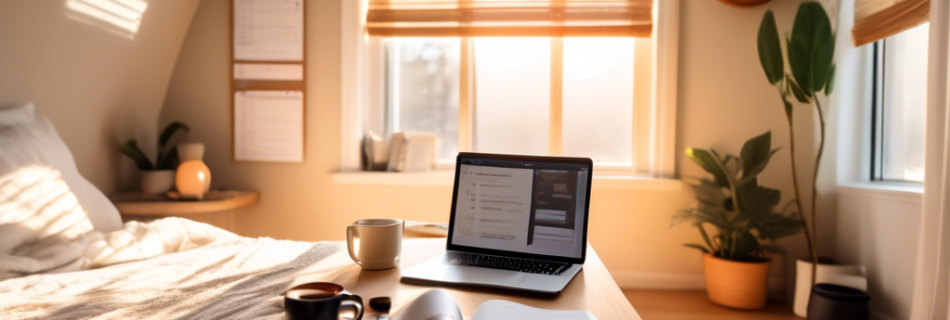 A bright, cozy bedroom filled with natural sunlight, showing an organized workspace with a laptop, a yoga mat, and a steaming cup of coffee. On the bedside