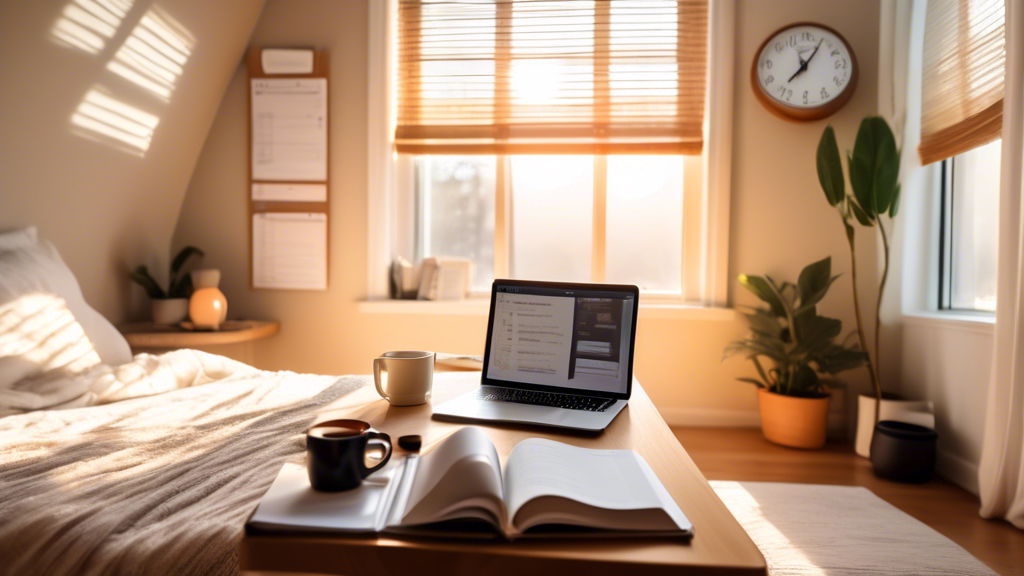 A bright, cozy bedroom filled with natural sunlight, showing an organized workspace with a laptop, a yoga mat, and a steaming cup of coffee. On the bedside