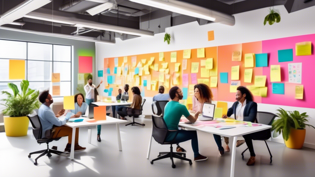 Create an image of a vibrant, open-plan office where diverse employees are engaged and focused. The scene includes team members in a collaborative huddle,