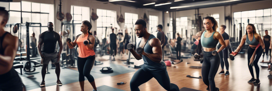 A detailed and dynamic image of a diverse group of people working out in a modern gym. The scene includes individuals lifting weights, using resistance ban