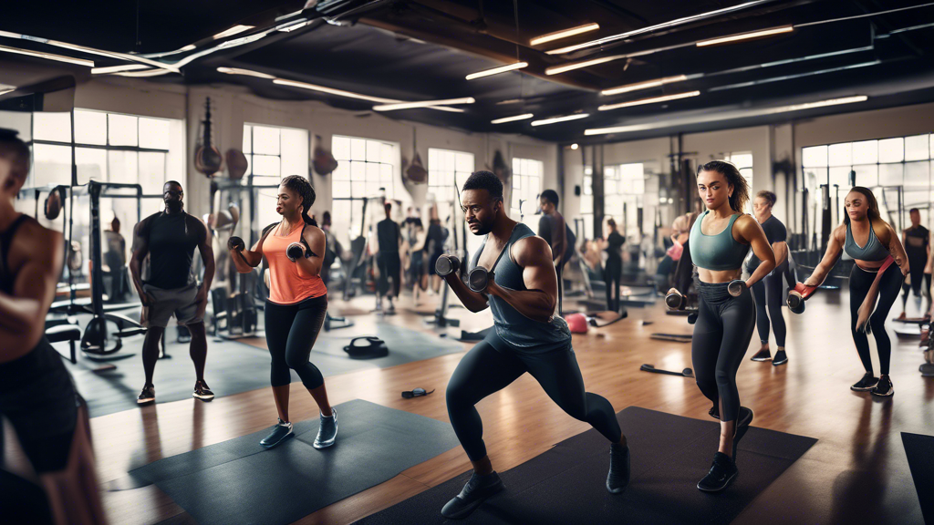 A detailed and dynamic image of a diverse group of people working out in a modern gym. The scene includes individuals lifting weights, using resistance ban