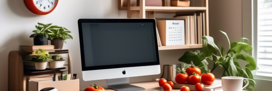 A cozy home office with a modern desk setup, featuring a laptop, a tomato-shaped timer, a neatly organized planner, and a cup of coffee. The background sho