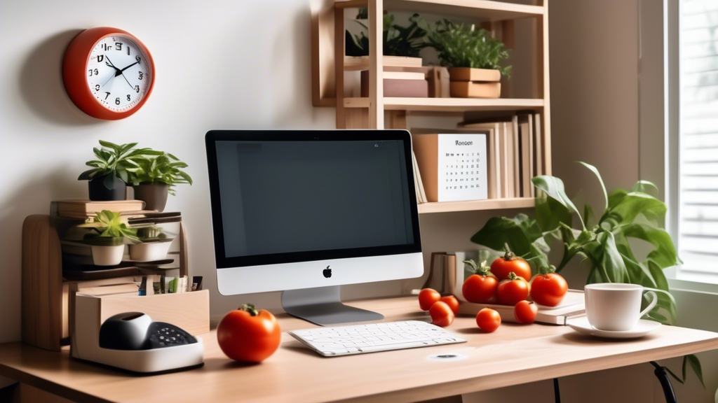 A cozy home office with a modern desk setup, featuring a laptop, a tomato-shaped timer, a neatly organized planner, and a cup of coffee. The background sho