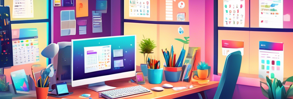 A bright, modern workspace filled with colorful illustrations of various productivity apps on a desk, such as task managers, time trackers, note-taking app