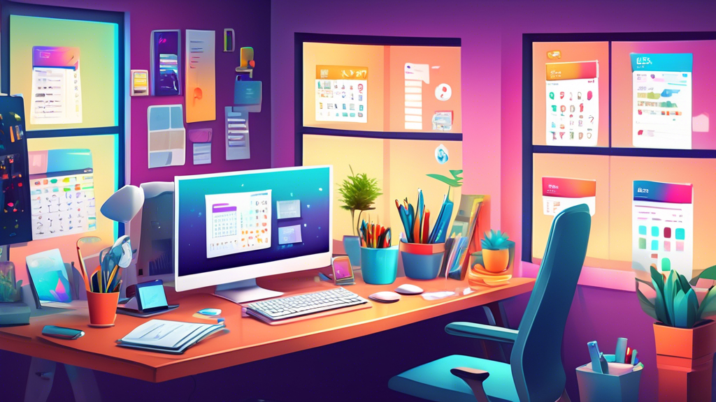 A bright, modern workspace filled with colorful illustrations of various productivity apps on a desk, such as task managers, time trackers, note-taking app