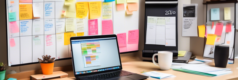 A clean, organized workstation with a laptop displaying a colorful, neatly arranged calendar. On the desk, there are sticky notes labeled with tasks, a cup