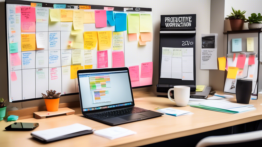 A clean, organized workstation with a laptop displaying a colorful, neatly arranged calendar. On the desk, there are sticky notes labeled with tasks, a cup