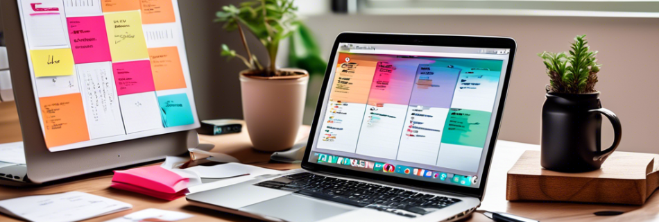 A vibrant and organized workspace featuring a variety of productivity tools such as a neatly arranged planner, a Pomodoro timer, sticky notes in different