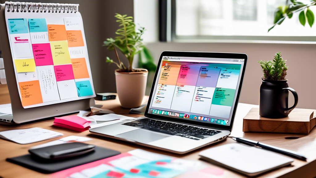 A vibrant and organized workspace featuring a variety of productivity tools such as a neatly arranged planner, a Pomodoro timer, sticky notes in different