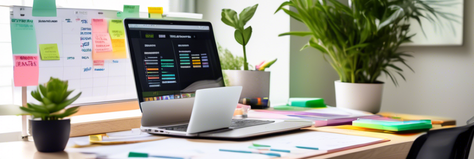 A serene, organized workspace with a sleek laptop displaying a detailed productivity planning app. A whiteboard in the background is filled with colorful s