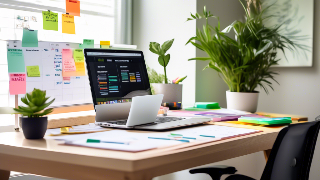 A serene, organized workspace with a sleek laptop displaying a detailed productivity planning app. A whiteboard in the background is filled with colorful s