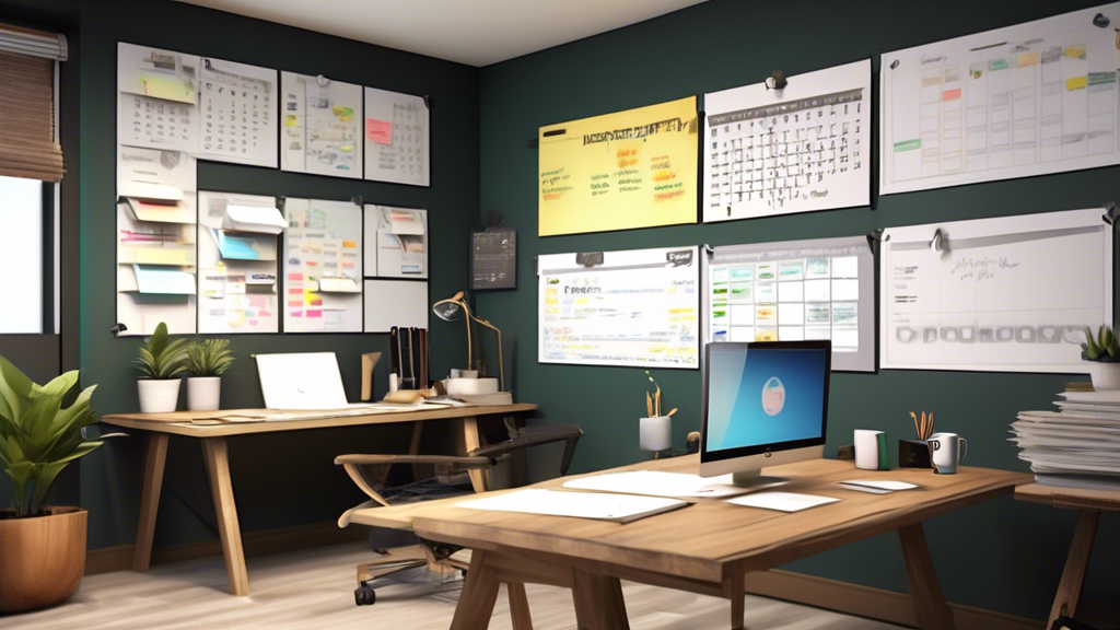 Create an image depicting a dynamic and organized workspace with various productivity tools and systems. Include elements such as a sleek planner, a digita