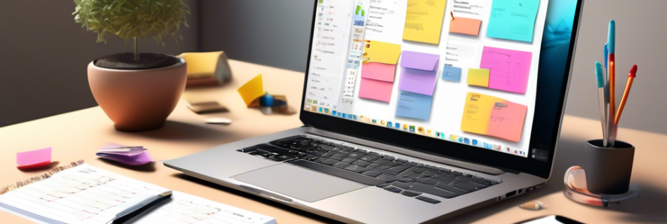 Create an image of a modern desktop workspace with a variety of productivity tools. Include a sleek laptop displaying a productivity app, a planner with co