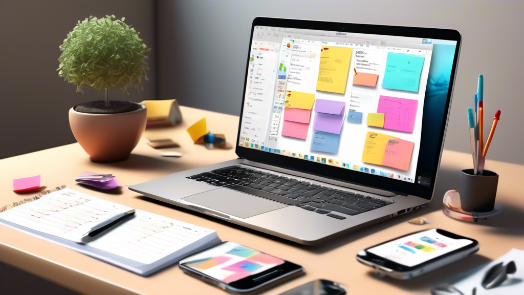 Create an image of a modern desktop workspace with a variety of productivity tools. Include a sleek laptop displaying a productivity app, a planner with co