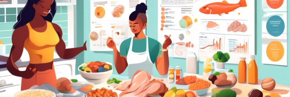 A detailed illustration showing various high-protein foods such as chicken, fish, eggs, beans, and nuts on a kitchen table, with a nutritionist explaining