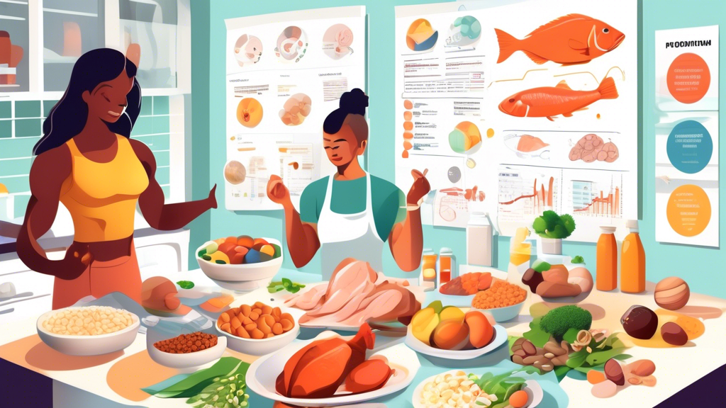 A detailed illustration showing various high-protein foods such as chicken, fish, eggs, beans, and nuts on a kitchen table, with a nutritionist explaining