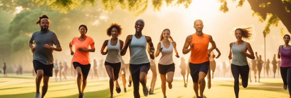 An energetic scene of diverse individuals running in a scenic park during sunrise. They appear vibrant and healthy, showcasing the joy and benefits of dail