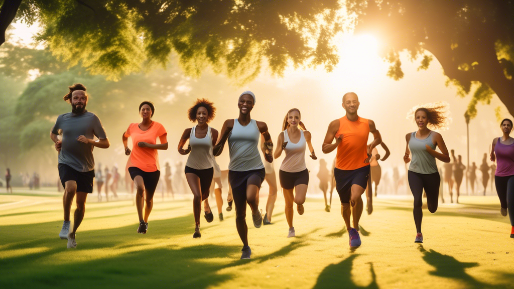 An energetic scene of diverse individuals running in a scenic park during sunrise. They appear vibrant and healthy, showcasing the joy and benefits of dail