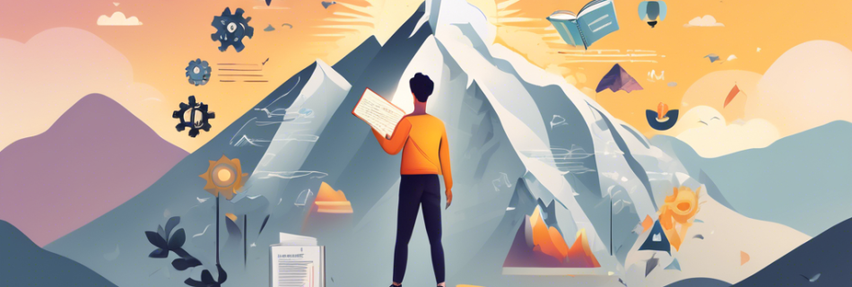 Create an image depicting a person standing confidently at the summit of a mountain while holding a book titled The Ultimate Guide to Self-Improvement. The