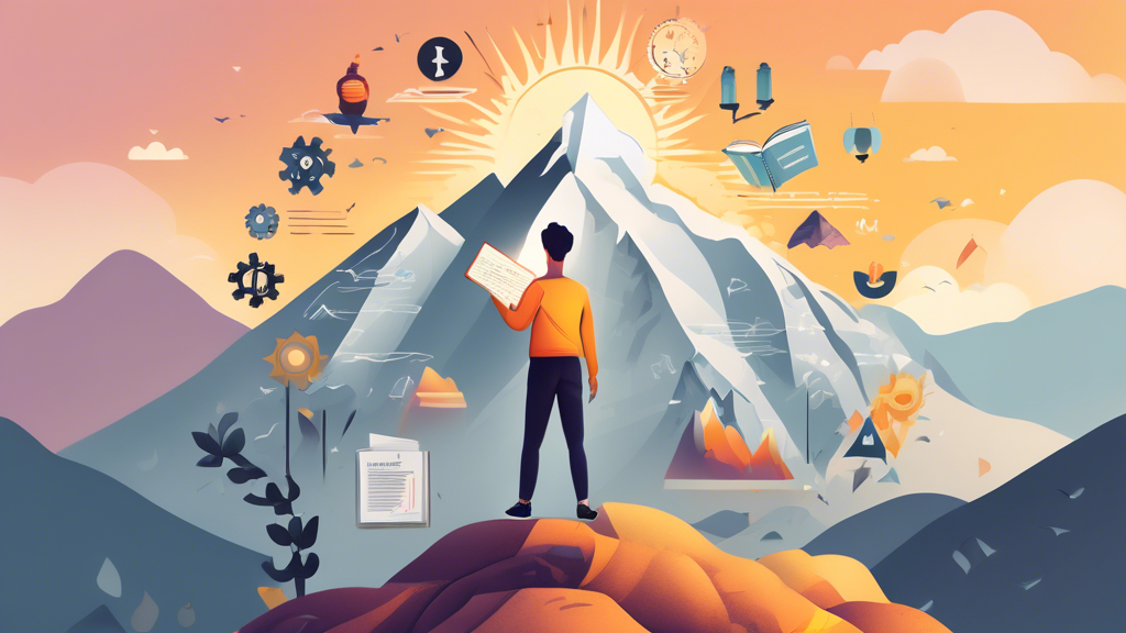 Create an image depicting a person standing confidently at the summit of a mountain while holding a book titled The Ultimate Guide to Self-Improvement. The