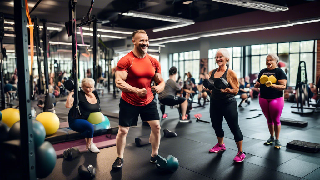 A vibrant gym setting where people of various ages and fitness levels are performing a variety of strength training exercises like weightlifting, resistanc