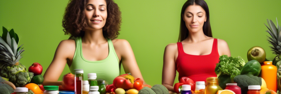 A balanced image showing two contrasting scenes: on one side, a cheerful person surrounded by fruits, vegetables, and supplement bottles, symbolizing the b