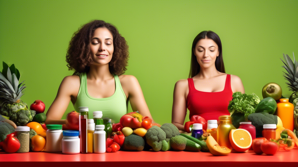 A balanced image showing two contrasting scenes: on one side, a cheerful person surrounded by fruits, vegetables, and supplement bottles, symbolizing the b