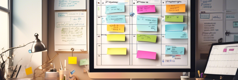 An organized workspace with a computer displaying a detailed task management software, a person using a checklist and calendar, various sticky notes with p