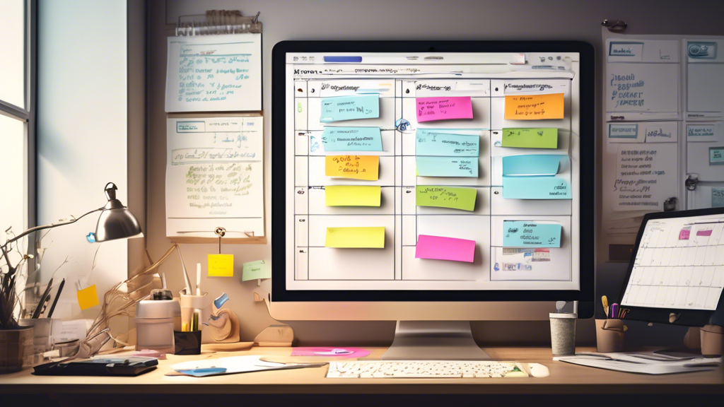 An organized workspace with a computer displaying a detailed task management software, a person using a checklist and calendar, various sticky notes with p