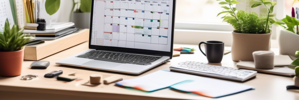 A serene, organized workspace with a neatly arranged desk, featuring a large calendar with colorful time blocks, a laptop displaying a time-blocking app, a