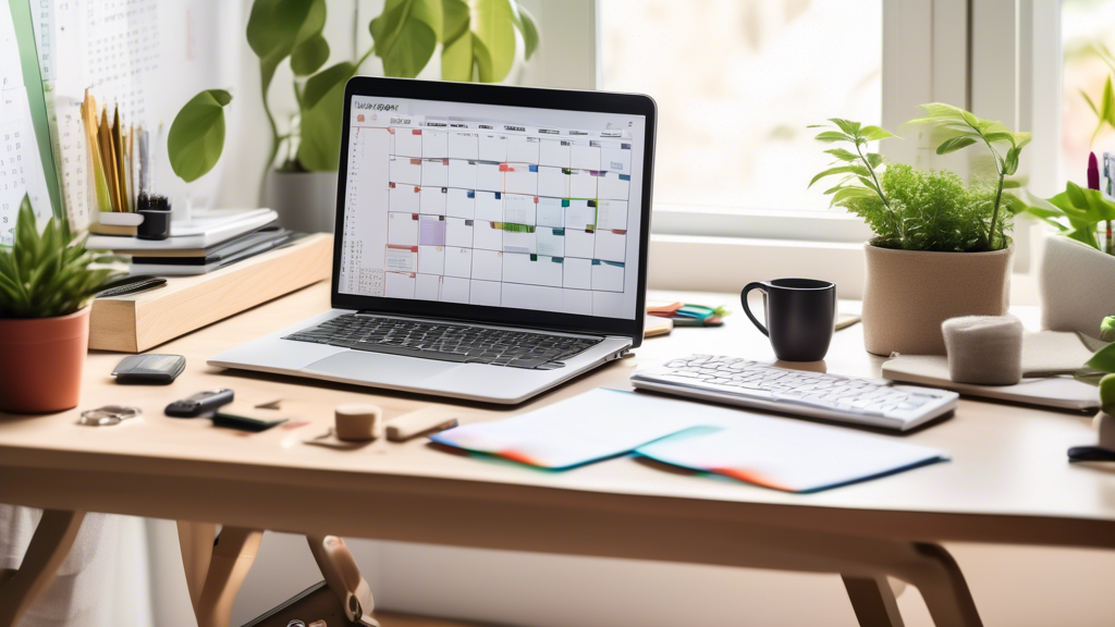 A serene, organized workspace with a neatly arranged desk, featuring a large calendar with colorful time blocks, a laptop displaying a time-blocking app, a