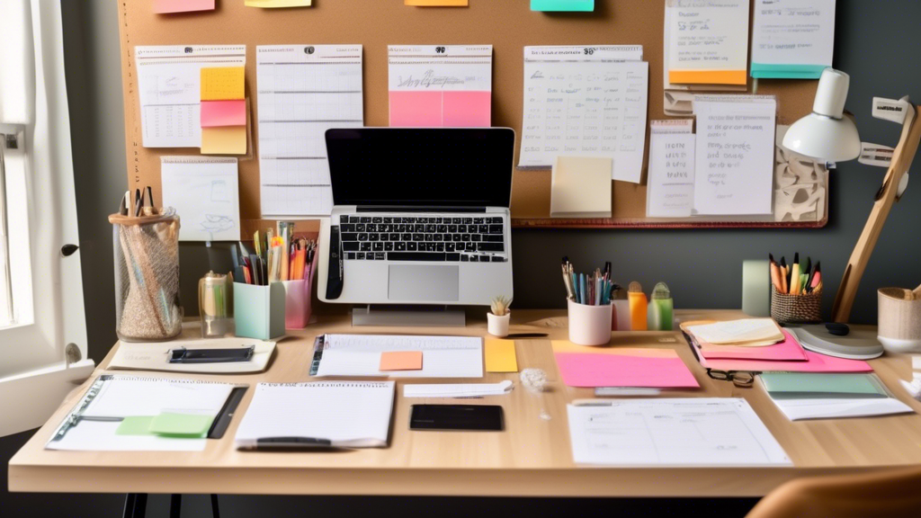 A workspace with a neatly organized desk, featuring a prominently displayed to-do list on a stylish bulletin board, surrounded by productivity tools like a