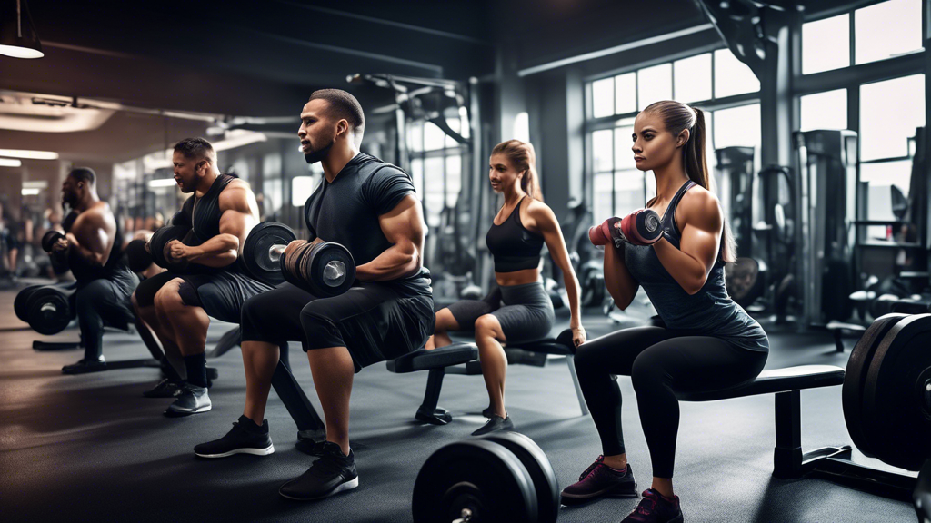 A dynamic gym environment with diverse individuals engaging in various weight training exercises, demonstrating perfect form and technique. Include detaile