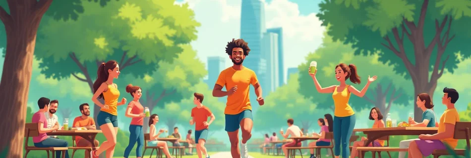 A vibrant scene depicting a diverse group of people engaging in various healthy activities. Some are jogging and yoga in a lush park, others are eating a b